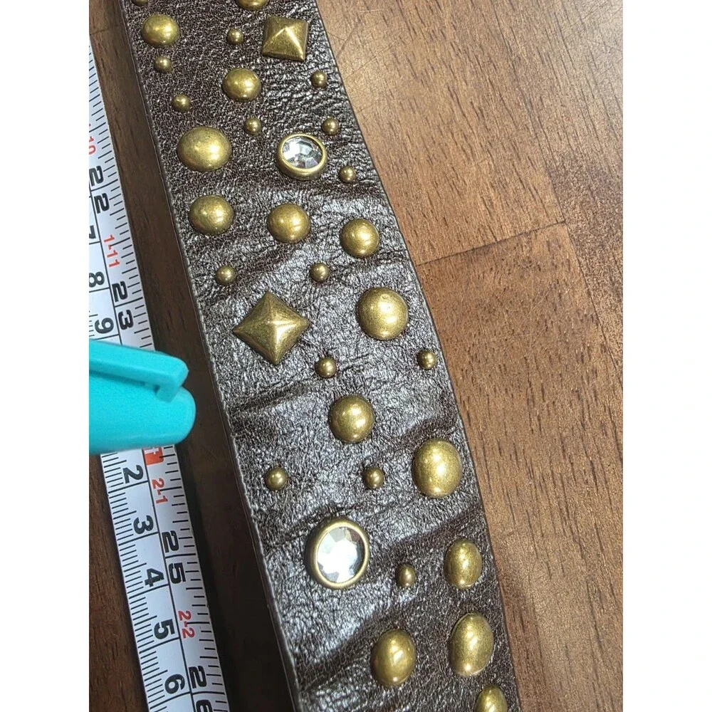 Studded Rhinestone Faux Leather Belt Brass Hardware Brown